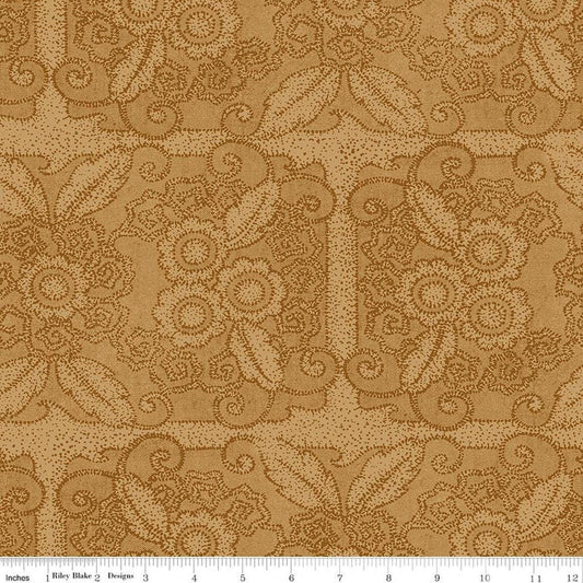 Image of Gingerbread Lacy Blender Gingersnap quilting cotton fabric by J. Wecker Frisch for Riley Blake Designs. Features flowers on a brown background. Cute Little Fabric Shop.
