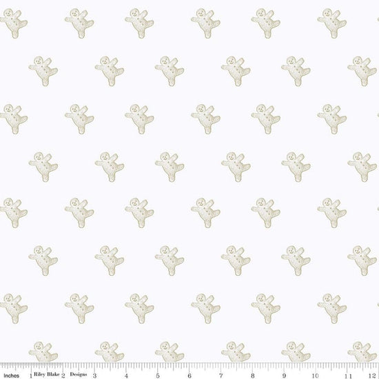Image of Gingerbread Gingerbread Toss White quilting cotton fabric by J. Wecker Frisch for Riley Blake Designs. Features gingerbread man on a white background. Cute Little Fabric Shop.