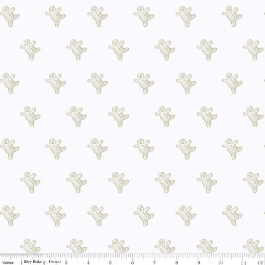 Image of Gingerbread Gingerbread Toss White quilting cotton fabric by J. Wecker Frisch for Riley Blake Designs. Features gingerbread man on a white background. Cute Little Fabric Shop.