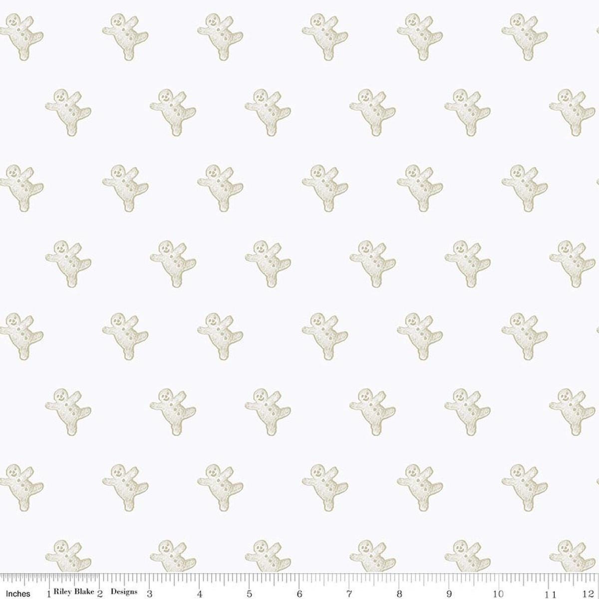 Image of Gingerbread Gingerbread Toss White quilting cotton fabric by J. Wecker Frisch for Riley Blake Designs. Features gingerbread man on a white background. Cute Little Fabric Shop.