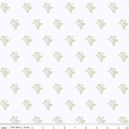 Image of Gingerbread Gingerbread Toss White quilting cotton fabric by J. Wecker Frisch for Riley Blake Designs. Features gingerbread man on a white background. Cute Little Fabric Shop.