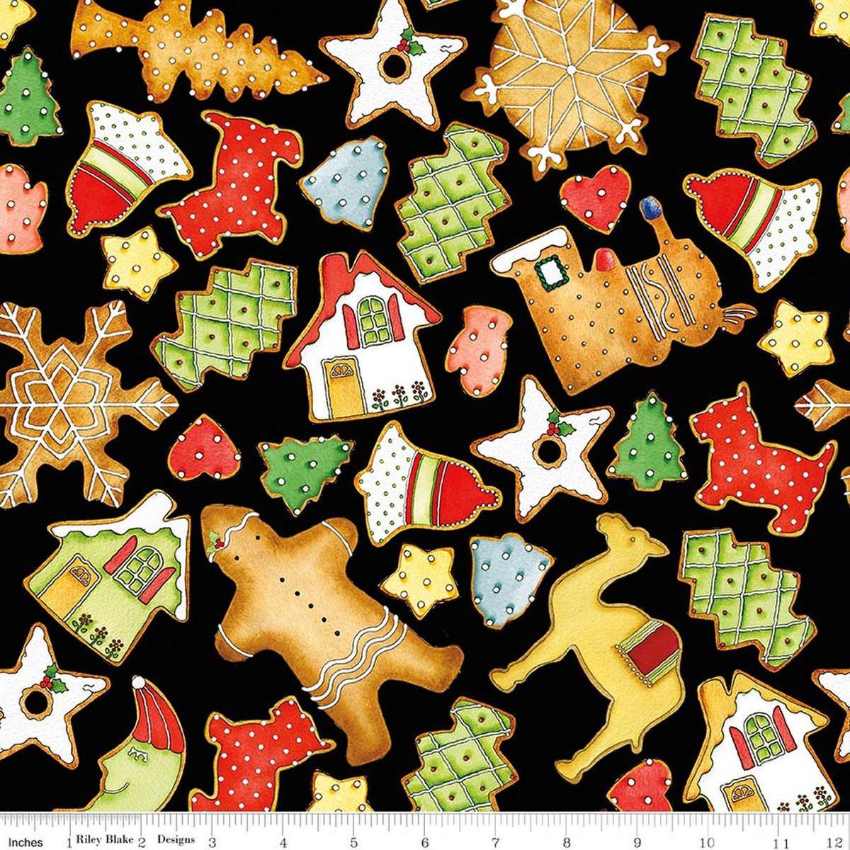 Image of Gingerbread Cookie Toss Black quilting cotton fabric by J. Wecker Frisch for Riley Blake Designs. Features cookies on a black background. Cute Little Fabric Shop.