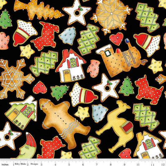 Image of Gingerbread Cookie Toss Black quilting cotton fabric by J. Wecker Frisch for Riley Blake Designs. Features cookies on a black background. Cute Little Fabric Shop.