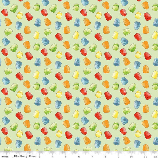 Image of Gingerbread Gumdrops Green quilting cotton fabric by J. Wecker Frisch for Riley Blake Designs. Features gumdrops on a green background. Cute Little Fabric Shop.