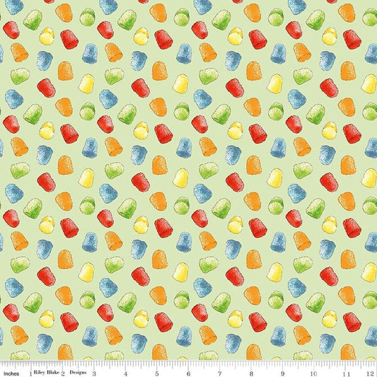 Image of Gingerbread Gumdrops Green quilting cotton fabric by J. Wecker Frisch for Riley Blake Designs. Features gumdrops on a green background. Cute Little Fabric Shop.