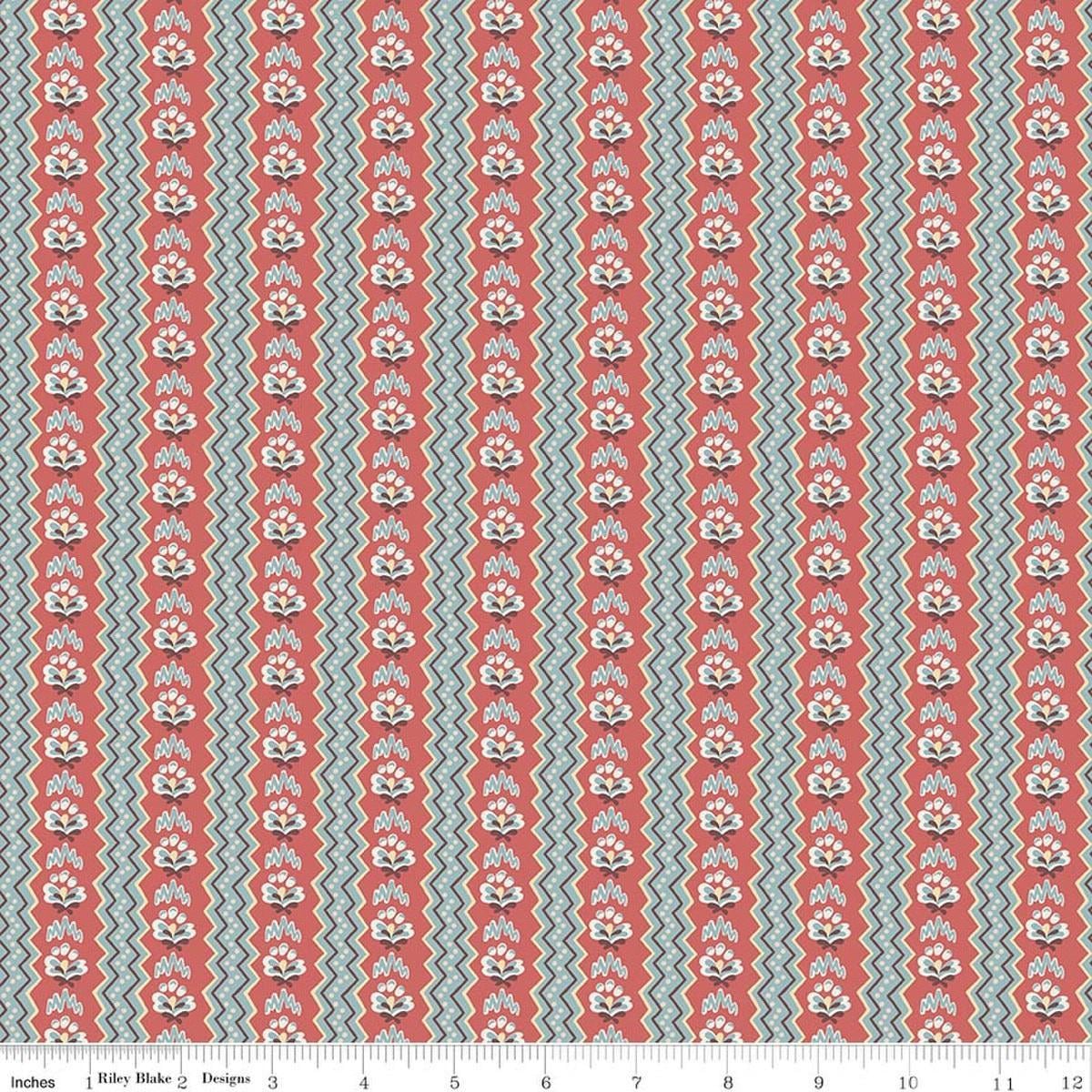 Image of Northanger Abbey General quilting cotton fabric by Official Licensed Product for Riley Blake Designs. Features stripes on an orange and blue background. Cute Little Fabric Shop.