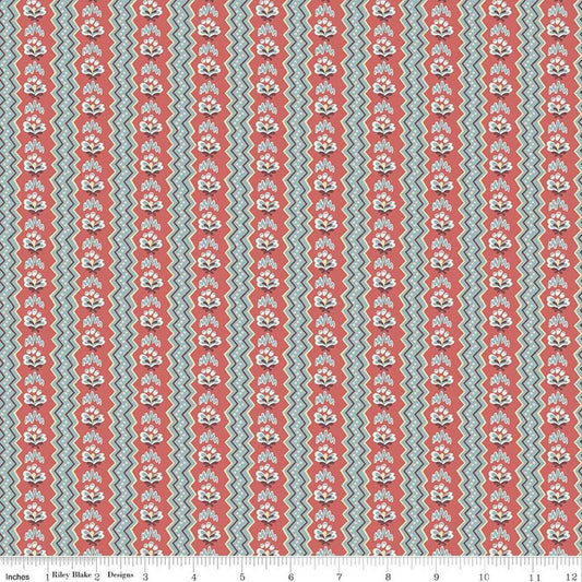 Image of Northanger Abbey General quilting cotton fabric by Official Licensed Product for Riley Blake Designs. Features stripes on an orange and blue background. Cute Little Fabric Shop.