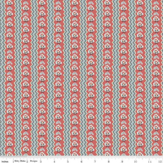 Image of Northanger Abbey General quilting cotton fabric by Official Licensed Product for Riley Blake Designs. Features stripes on an orange and blue background. Cute Little Fabric Shop.