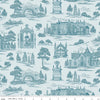 Image of Northanger Abbey Abbey Blue quilting cotton fabric by Official Licensed Product for Riley Blake Designs. Features buildings on a blue background. Cute Little Fabric Shop.