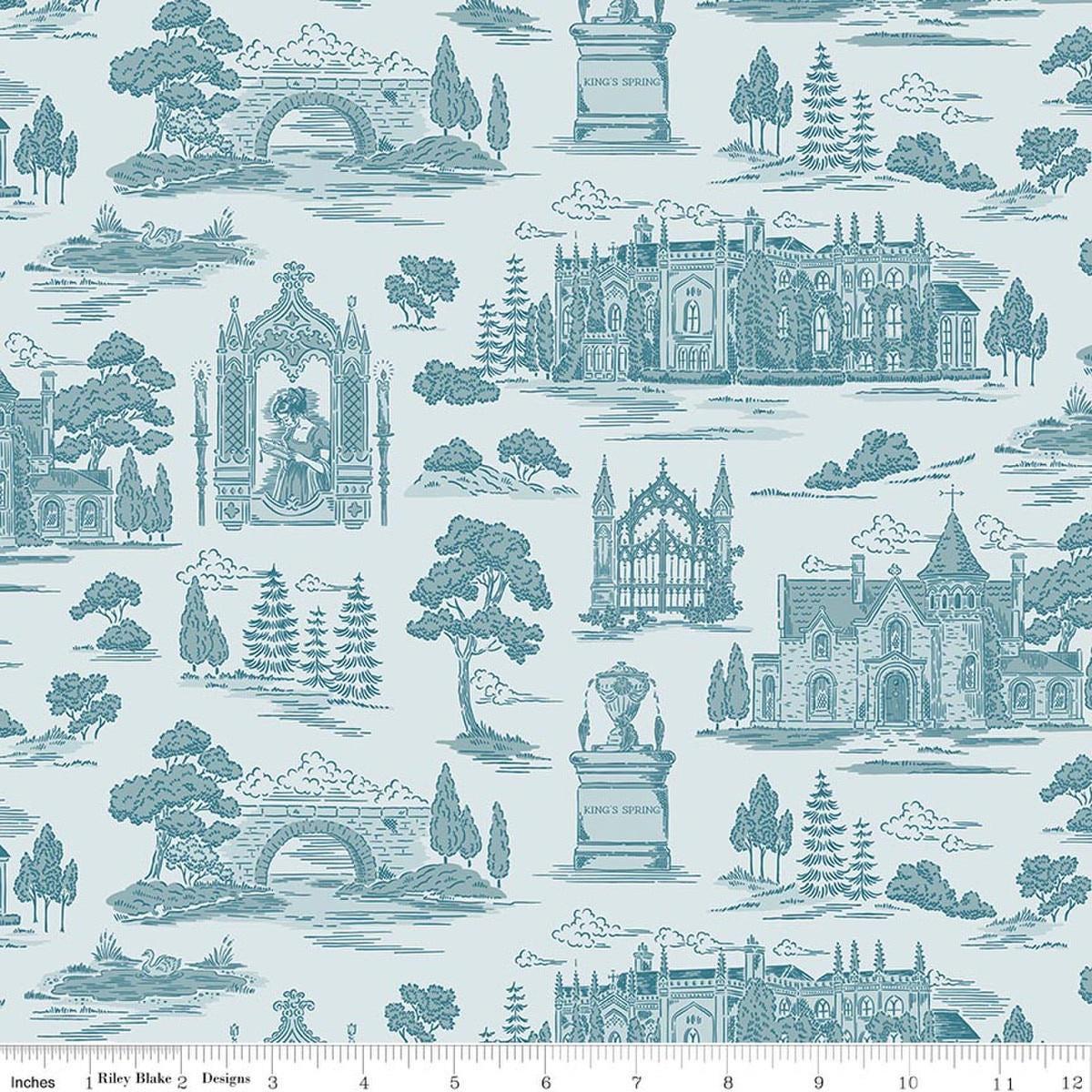 Image of Northanger Abbey Abbey Blue quilting cotton fabric by Official Licensed Product for Riley Blake Designs. Features buildings on a blue background. Cute Little Fabric Shop.