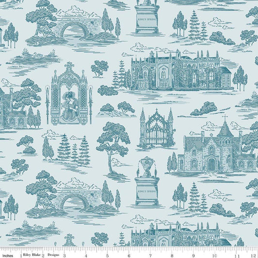 Image of Northanger Abbey Abbey Blue quilting cotton fabric by Official Licensed Product for Riley Blake Designs. Features buildings on a blue background. Cute Little Fabric Shop.