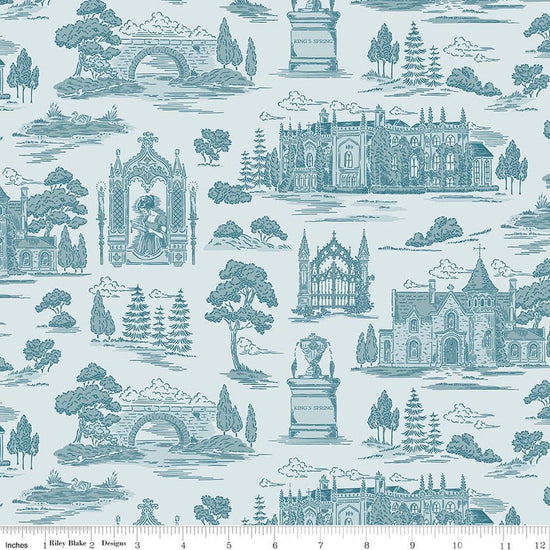 Image of Northanger Abbey Abbey Blue quilting cotton fabric by Official Licensed Product for Riley Blake Designs. Features buildings on a blue background. Cute Little Fabric Shop.