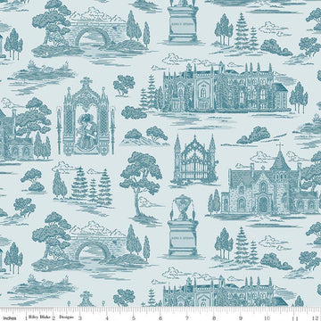 Image of Northanger Abbey Abbey Blue quilting cotton fabric by Official Licensed Product for Riley Blake Designs. Features buildings on a blue background. Cute Little Fabric Shop.