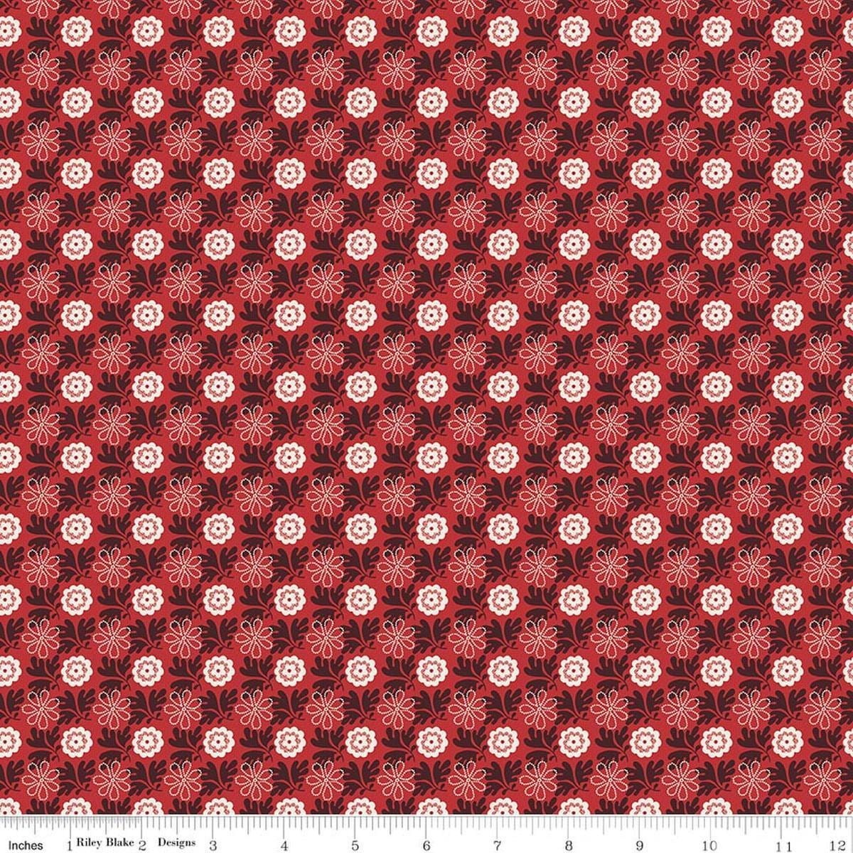 Image of Northanger Abbey Captain quilting cotton fabric by Official Licensed Product for Riley Blake Designs. Features flowers on a red background. Cute Little Fabric Shop.