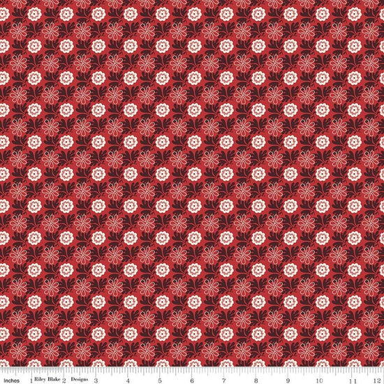 Image of Northanger Abbey Captain quilting cotton fabric by Official Licensed Product for Riley Blake Designs. Features flowers on a red background. Cute Little Fabric Shop.