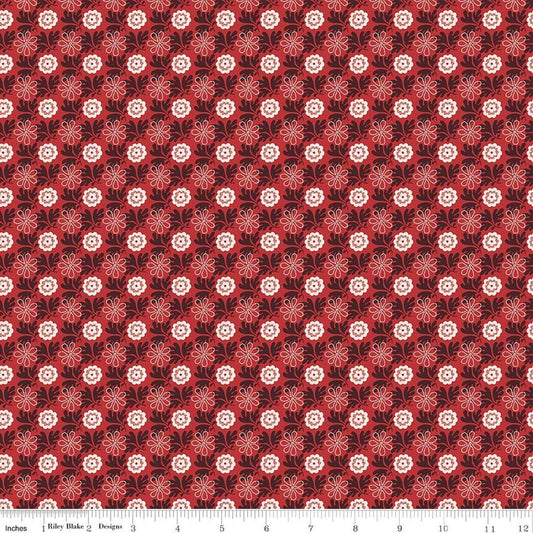 Image of Northanger Abbey Captain quilting cotton fabric by Official Licensed Product for Riley Blake Designs. Features flowers on a red background. Cute Little Fabric Shop.