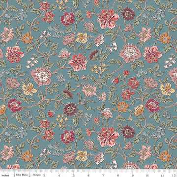 Image of Northanger Abbey Morland Blue quilting cotton fabric by Official Licensed Product for Riley Blake Designs. Features flowers on a blue background. Cute Little Fabric Shop.