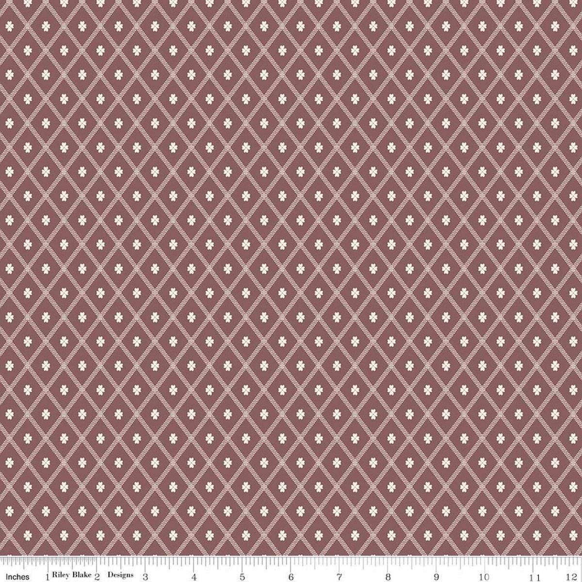 Image of Northanger Abbey Thorpe Marsala quilting cotton fabric by Official Licensed Product for Riley Blake Designs. Features diamonds on a brown background. Cute Little Fabric Shop.