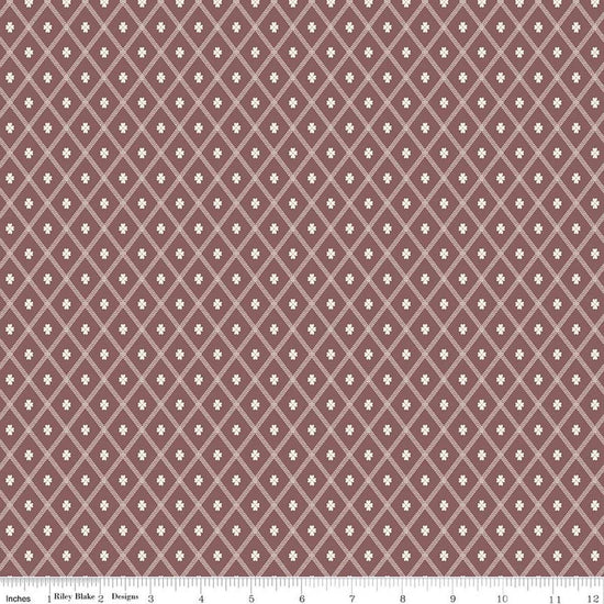 Image of Northanger Abbey Thorpe Marsala quilting cotton fabric by Official Licensed Product for Riley Blake Designs. Features diamonds on a brown background. Cute Little Fabric Shop.