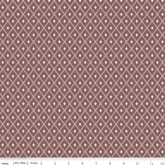 Image of Northanger Abbey Thorpe Marsala quilting cotton fabric by Official Licensed Product for Riley Blake Designs. Features diamonds on a brown background. Cute Little Fabric Shop.