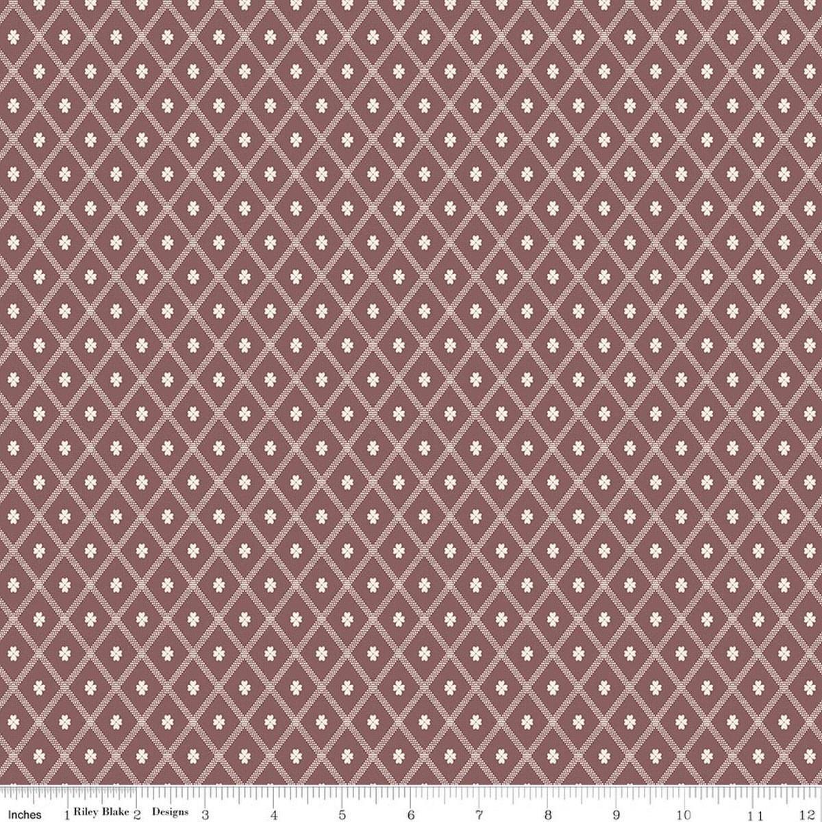 Image of Northanger Abbey Thorpe Marsala quilting cotton fabric by Official Licensed Product for Riley Blake Designs. Features diamonds on a brown background. Cute Little Fabric Shop.