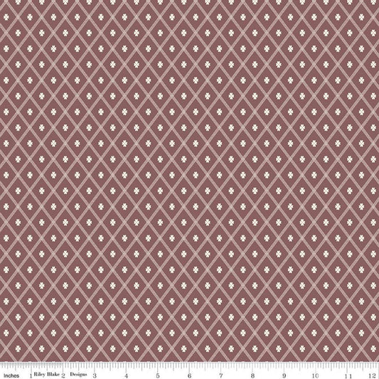 Image of Northanger Abbey Thorpe Marsala quilting cotton fabric by Official Licensed Product for Riley Blake Designs. Features diamonds on a brown background. Cute Little Fabric Shop.