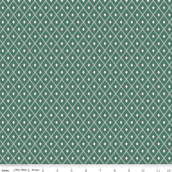Image of Northanger Abbey Thorpe Green quilting cotton fabric by Official Licensed Product for Riley Blake Designs. Features diamonds on a green background. Cute Little Fabric Shop.