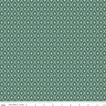 Image of Northanger Abbey Thorpe Green quilting cotton fabric by Official Licensed Product for Riley Blake Designs. Features diamonds on a green background. Cute Little Fabric Shop.