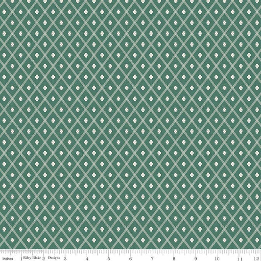 Image of Northanger Abbey Thorpe Green quilting cotton fabric by Official Licensed Product for Riley Blake Designs. Features diamonds on a green background. Cute Little Fabric Shop.
