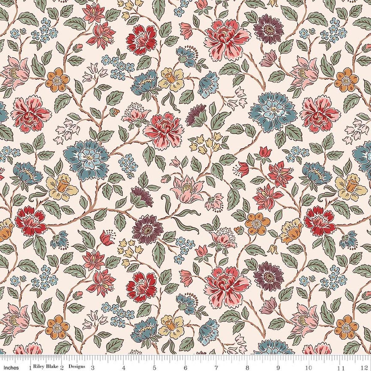 Image of Northanger Abbey Morland Cream quilting cotton fabric by Official Licensed Product for Riley Blake Designs. Features flowers on a cream background. Cute Little Fabric Shop.