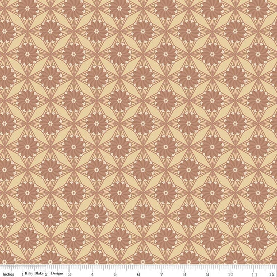 Image of Northanger Abbey Fullerton quilting cotton fabric by Official Licensed Product for Riley Blake Designs. Features a geometric pattern on a beige background. Cute Little Fabric Shop.