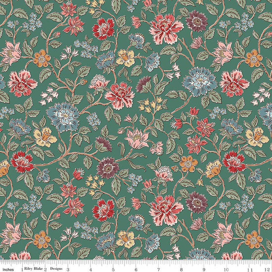 Image of Northanger Abbey Morland Green quilting cotton fabric by Official Licensed Product for Riley Blake Designs. Features flowers on a green background. Cute Little Fabric Shop.