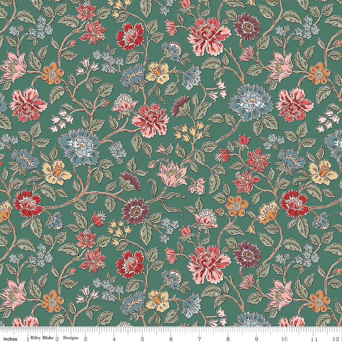 Image of Northanger Abbey Morland Green quilting cotton fabric by Official Licensed Product for Riley Blake Designs. Features flowers on a green background. Cute Little Fabric Shop.