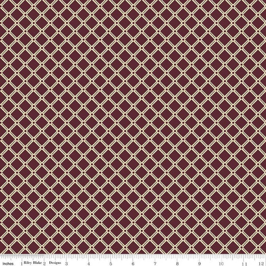 Image of Northanger Abbey Tilney Merlot quilting cotton fabric by Official Licensed Product for Riley Blake Designs. Features checks on a brown background. Cute Little Fabric Shop.