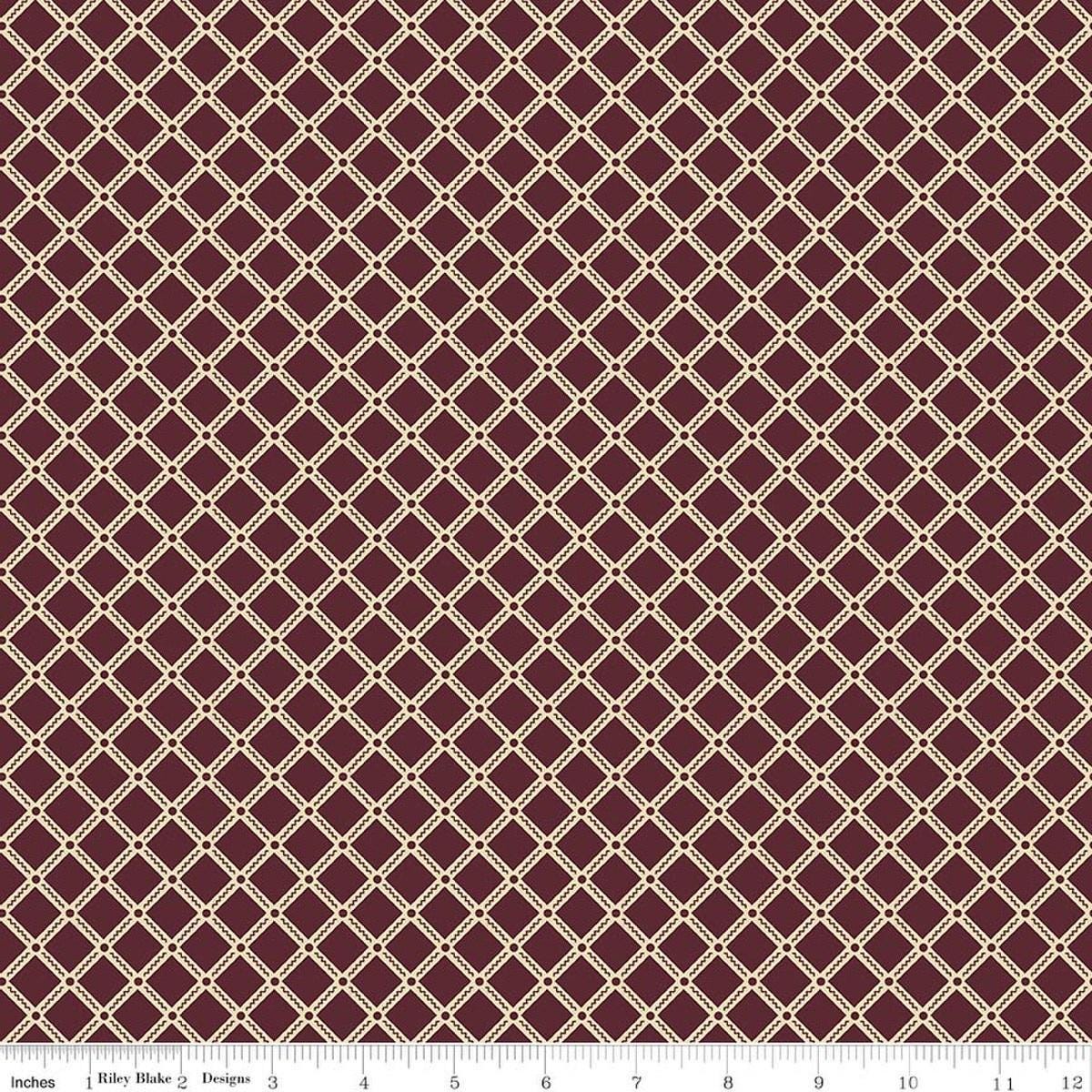 Image of Northanger Abbey Tilney Merlot quilting cotton fabric by Official Licensed Product for Riley Blake Designs. Features checks on a brown background. Cute Little Fabric Shop.