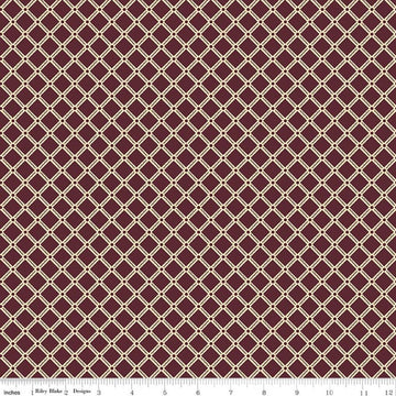 Image of Northanger Abbey Tilney Merlot quilting cotton fabric by Official Licensed Product for Riley Blake Designs. Features checks on a brown background. Cute Little Fabric Shop.