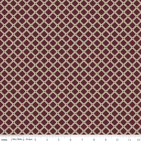 Image of Northanger Abbey Tilney Merlot quilting cotton fabric by Official Licensed Product for Riley Blake Designs. Features checks on a brown background. Cute Little Fabric Shop.