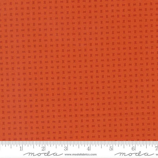 Image of Scenery Spools Yam quilting cotton fabric by Elizabeth Hartman for Moda Fabrics. Features a geometric pattern on an orange background. Cute Little Fabric Shop.