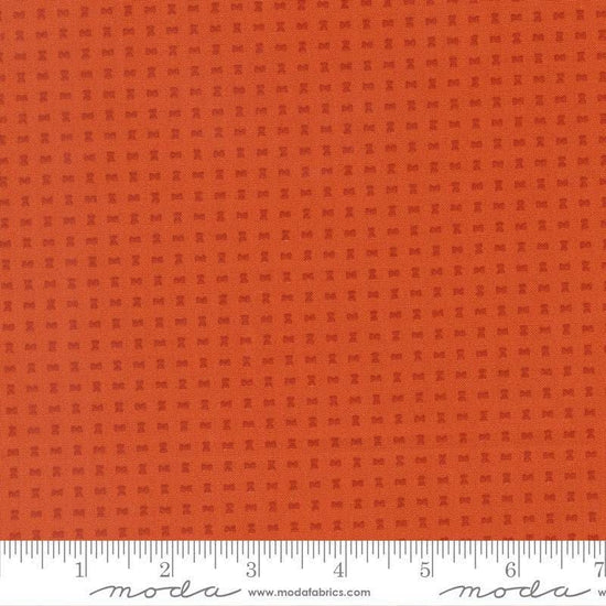 Image of Scenery Spools Yam quilting cotton fabric by Elizabeth Hartman for Moda Fabrics. Features a geometric pattern on an orange background. Cute Little Fabric Shop.