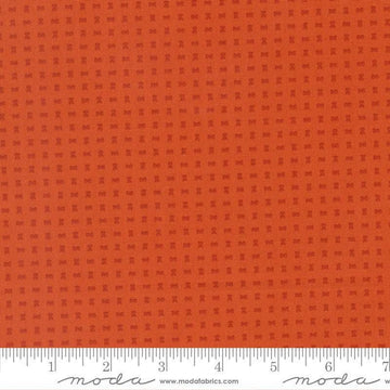 Image of Scenery Spools Yam quilting cotton fabric by Elizabeth Hartman for Moda Fabrics. Features a geometric pattern on an orange background. Cute Little Fabric Shop.