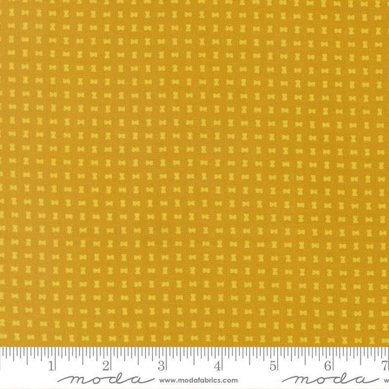 Image of Scenery Spool Golden quilting cotton fabric by Elizabeth Hartman for Moda Fabrics. Features a geometric pattern on a yellow background. Cute Little Fabric Shop.
