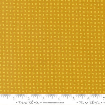 Image of Scenery Spool Golden quilting cotton fabric by Elizabeth Hartman for Moda Fabrics. Features a geometric pattern on a yellow background. Cute Little Fabric Shop.