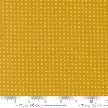 Image of Scenery Spool Golden quilting cotton fabric by Elizabeth Hartman for Moda Fabrics. Features a geometric pattern on a yellow background. Cute Little Fabric Shop.