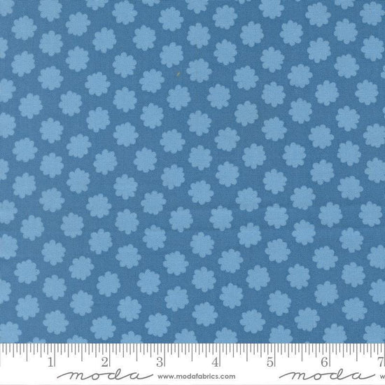 Image of Scenery Puffball Coastal quilting cotton fabric by Elizabeth Hartman for Moda Fabrics. Features a geometric pattern on a blue background. Cute Little Fabric Shop.