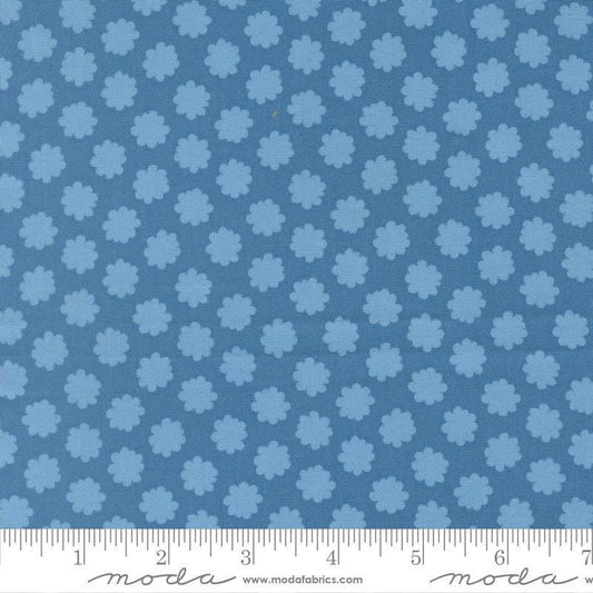 Image of Scenery Puffball Coastal quilting cotton fabric by Elizabeth Hartman for Moda Fabrics. Features a geometric pattern on a blue background. Cute Little Fabric Shop.