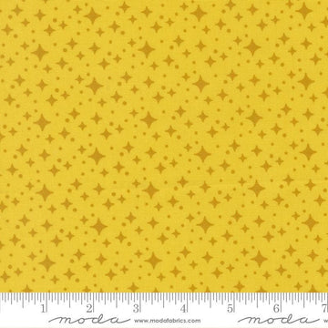 Image of Scenery Starlight Citrine quilting cotton fabric by Elizabeth Hartman for Moda Fabrics. Features stars on a yellow background. Cute Little Fabric Shop.