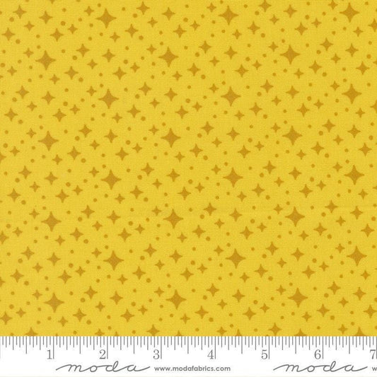 Image of Scenery Starlight Citrine quilting cotton fabric by Elizabeth Hartman for Moda Fabrics. Features stars on a yellow background. Cute Little Fabric Shop.
