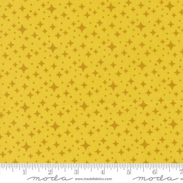 Image of Scenery Starlight Citrine quilting cotton fabric by Elizabeth Hartman for Moda Fabrics. Features stars on a yellow background. Cute Little Fabric Shop.