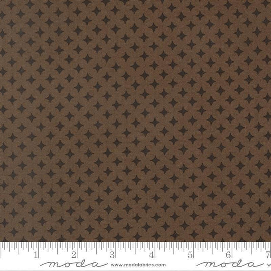 Image of Scenery Diamonds Coal quilting cotton fabric by Elizabeth Hartman for Moda Fabrics. Features a geometric pattern on a black and brown background. Cute Little Fabric Shop.