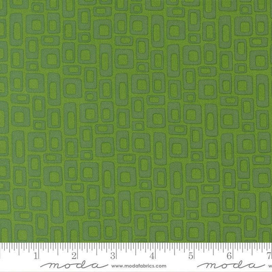 Image of Scenery Marshmallow Evergreen quilting cotton fabric by Elizabeth Hartman for Moda Fabrics. Features a geometric pattern on a green background. Cute Little Fabric Shop.